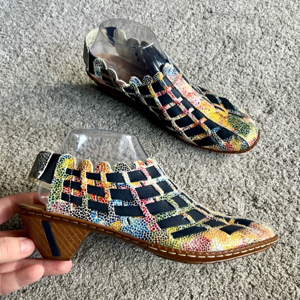 Rieker Sina Size 40 Multi-Color Slip-On Woven Leather Slingback Shoes Heels